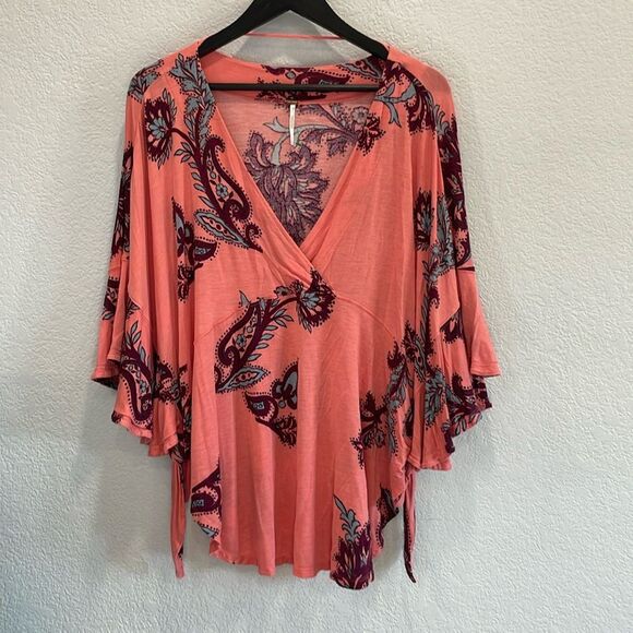 Free People Maui Wowie Pink Passion Flower Combo Side Tie Blouse Size Large - Picture 2 of 8